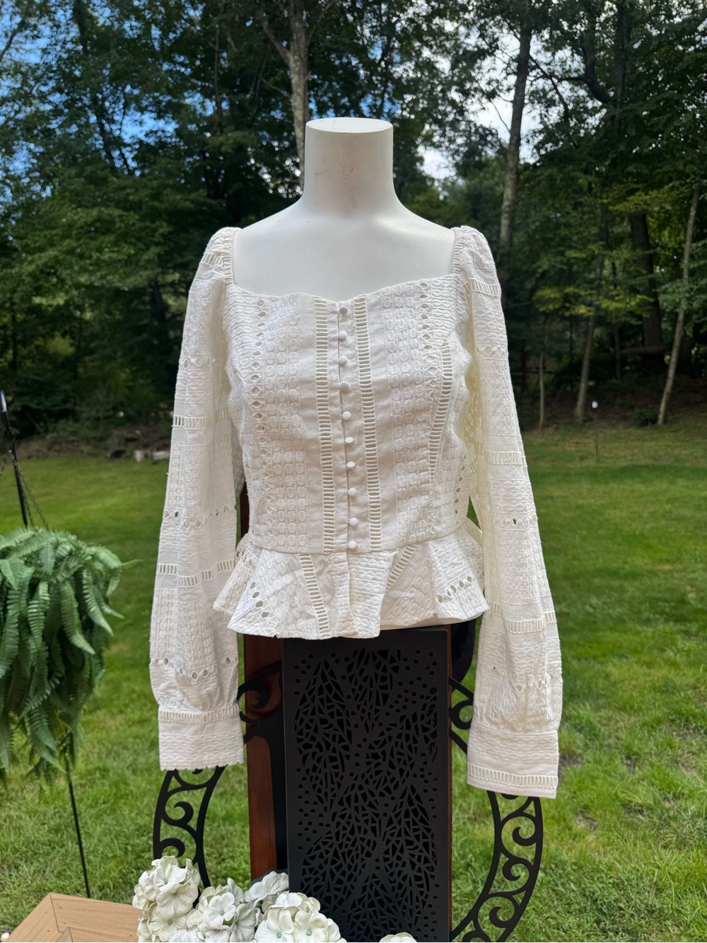 Anthropologie White Eyelet Peplum Button-Front Blouse